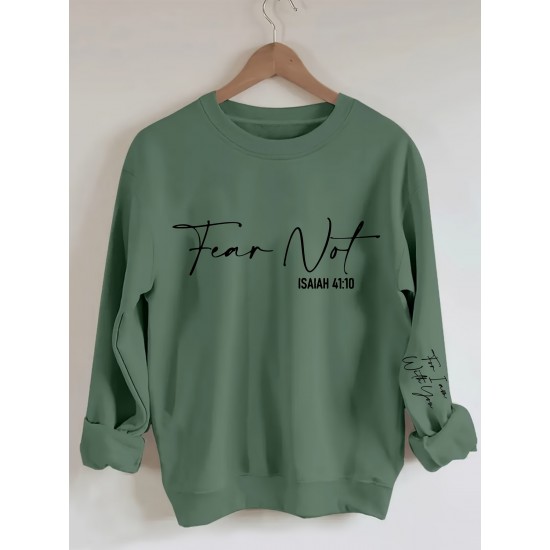 Plus Size Fear Not Print Pullover Sweatshirt, Casual Long Sleeve Crew Neck Sweatshirt For Fall & Winter, Women's Plus Size Clothing