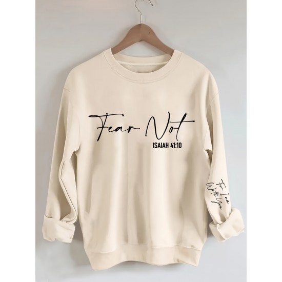 Plus Size Fear Not Print Pullover Sweatshirt, Casual Long Sleeve Crew Neck Sweatshirt For Fall & Winter, Women's Plus Size Clothing