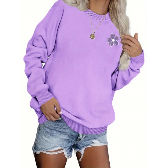 Plus Size Flower Print Sweatshirt, Casual Long Sleeve Crew Neck Sweatshirt, Women's Plus Size Clothing