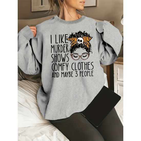 Plus Size Letter Print Sweatshirt, Casual Crew Neck Long Sleeve Pullover Sweatshirt For Spring & Fall, Women's Plus Size Clothing