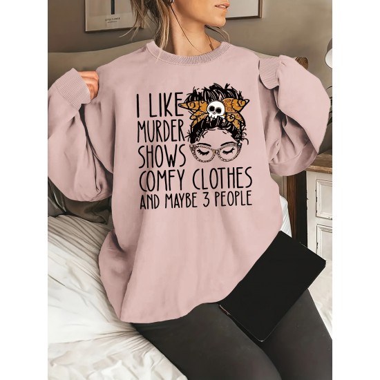 Plus Size Letter Print Sweatshirt, Casual Crew Neck Long Sleeve Pullover Sweatshirt For Spring & Fall, Women's Plus Size Clothing