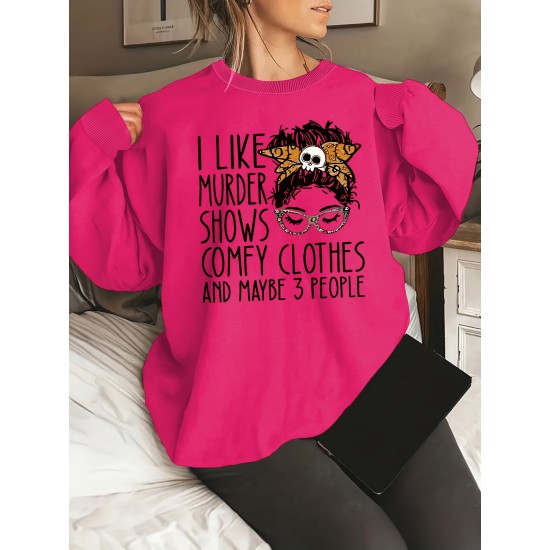 Plus Size Letter Print Sweatshirt, Casual Crew Neck Long Sleeve Pullover Sweatshirt For Spring & Fall, Women's Plus Size Clothing