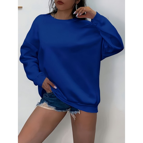 1pc Women'S Plus Size Fashion Sweatshirt, 100% Polyester Crew Neck Pullover with Slight Stretch, Solid Color Knit Fabric for Fall/Winter