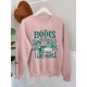 Plus Size Casual Crew Neck Sweatshirt with Alphabet Print, 100% Polyester Knit Fabric, Slight Stretch Pullover for All Seasons