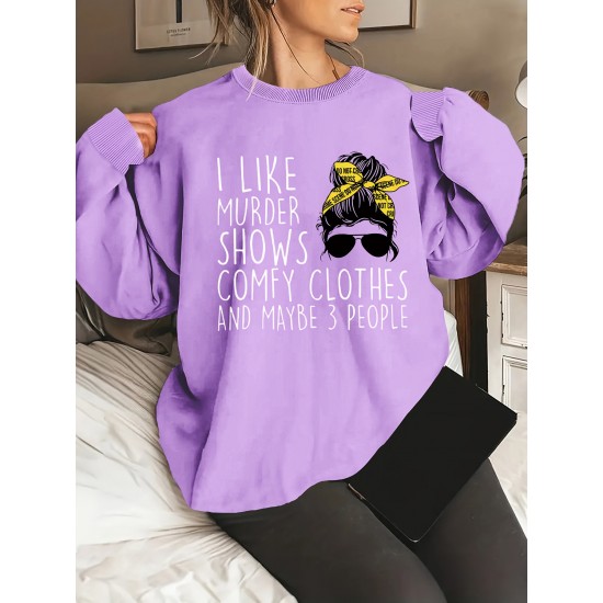 Plus Size Woman & Letter Print Sweatshirt, Casual Long Sleeve Crew Neck Sweatshirt, Women's Plus Size Clothing