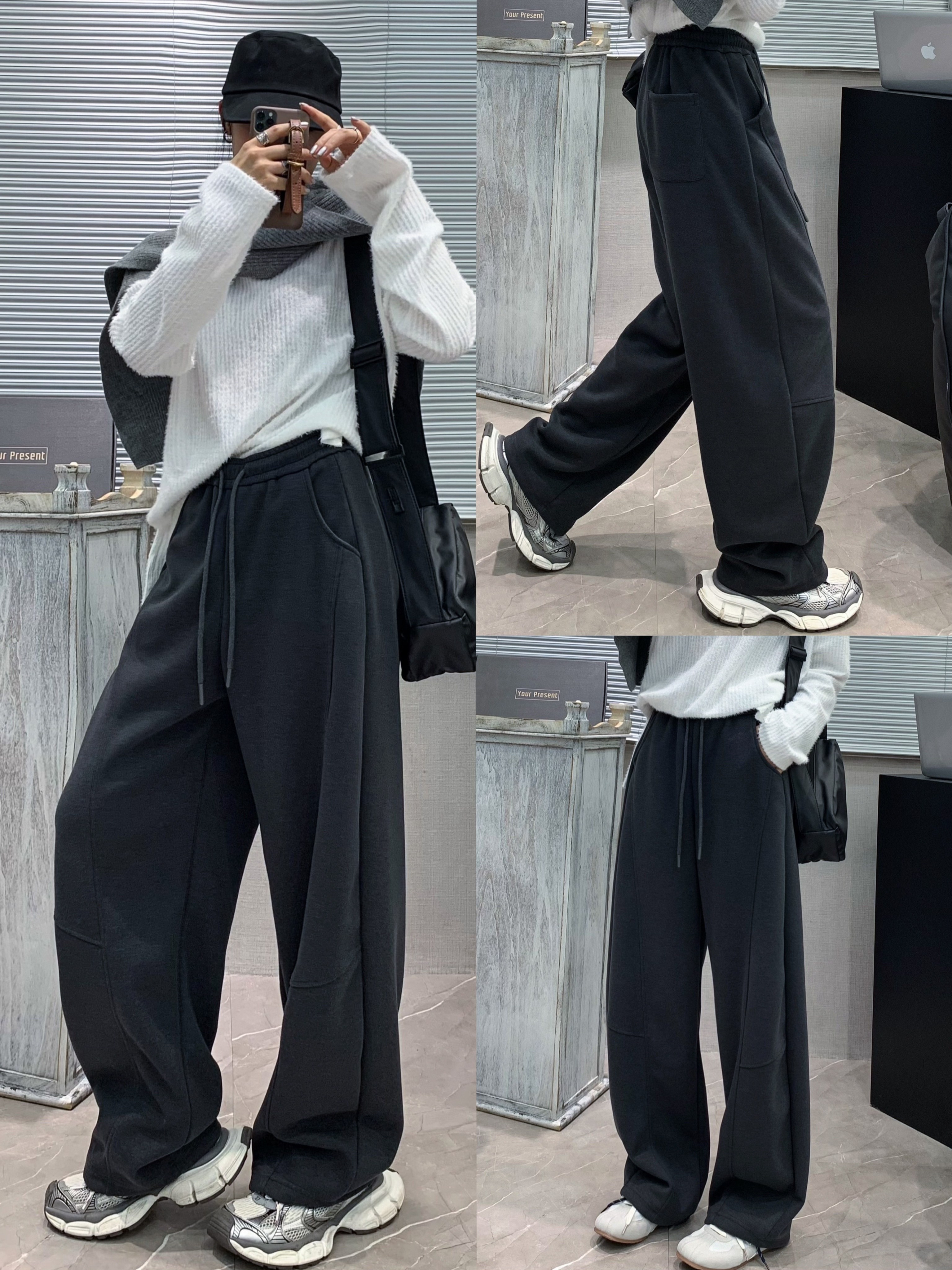 womens casual polyester wide leg joggers loose   fabric sweatpants solid color long length with shearling     waist with drawstring for   weekend   details 0