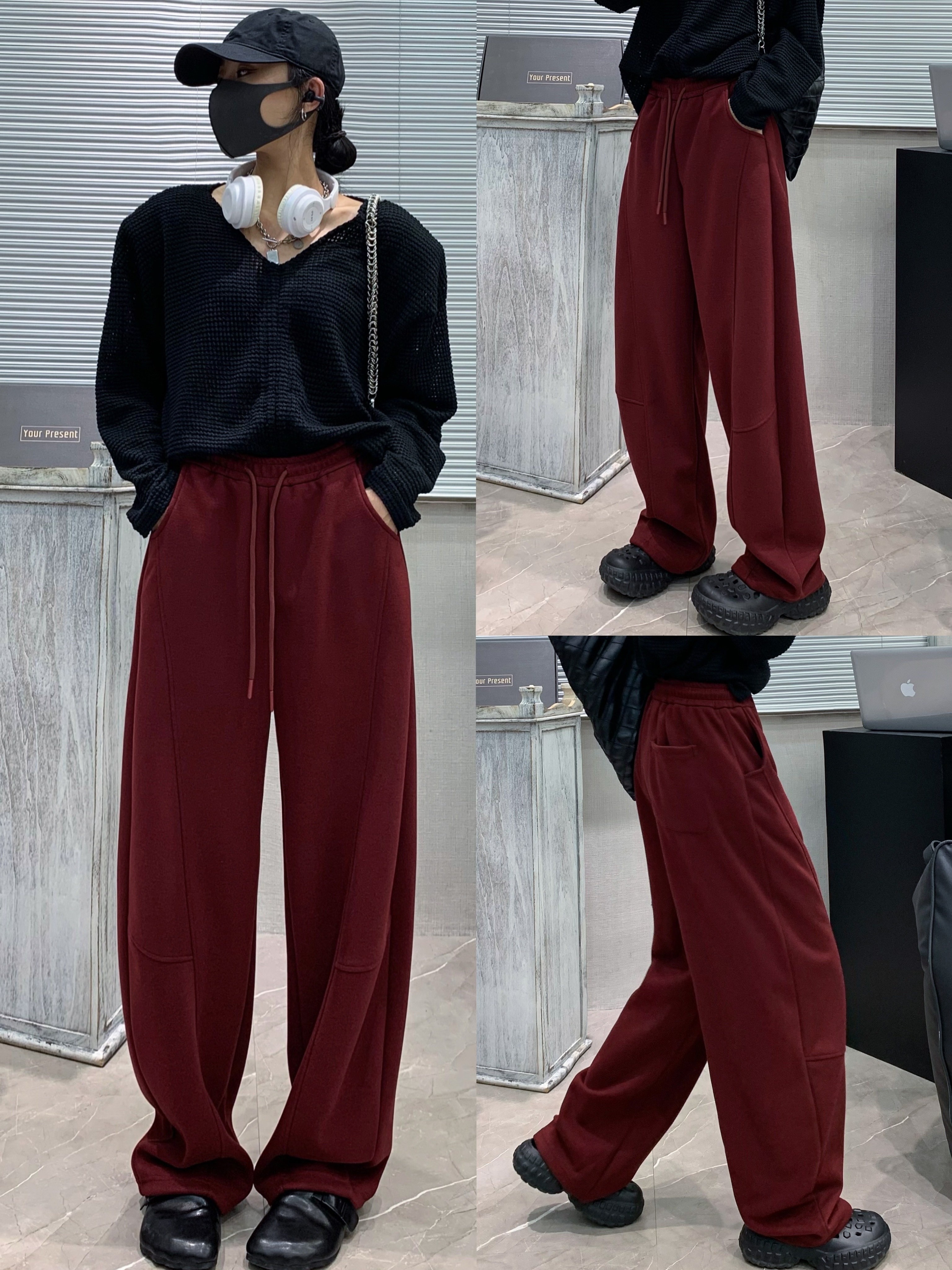 womens casual polyester wide leg joggers loose   fabric sweatpants solid color long length with shearling     waist with drawstring for   weekend   details 7