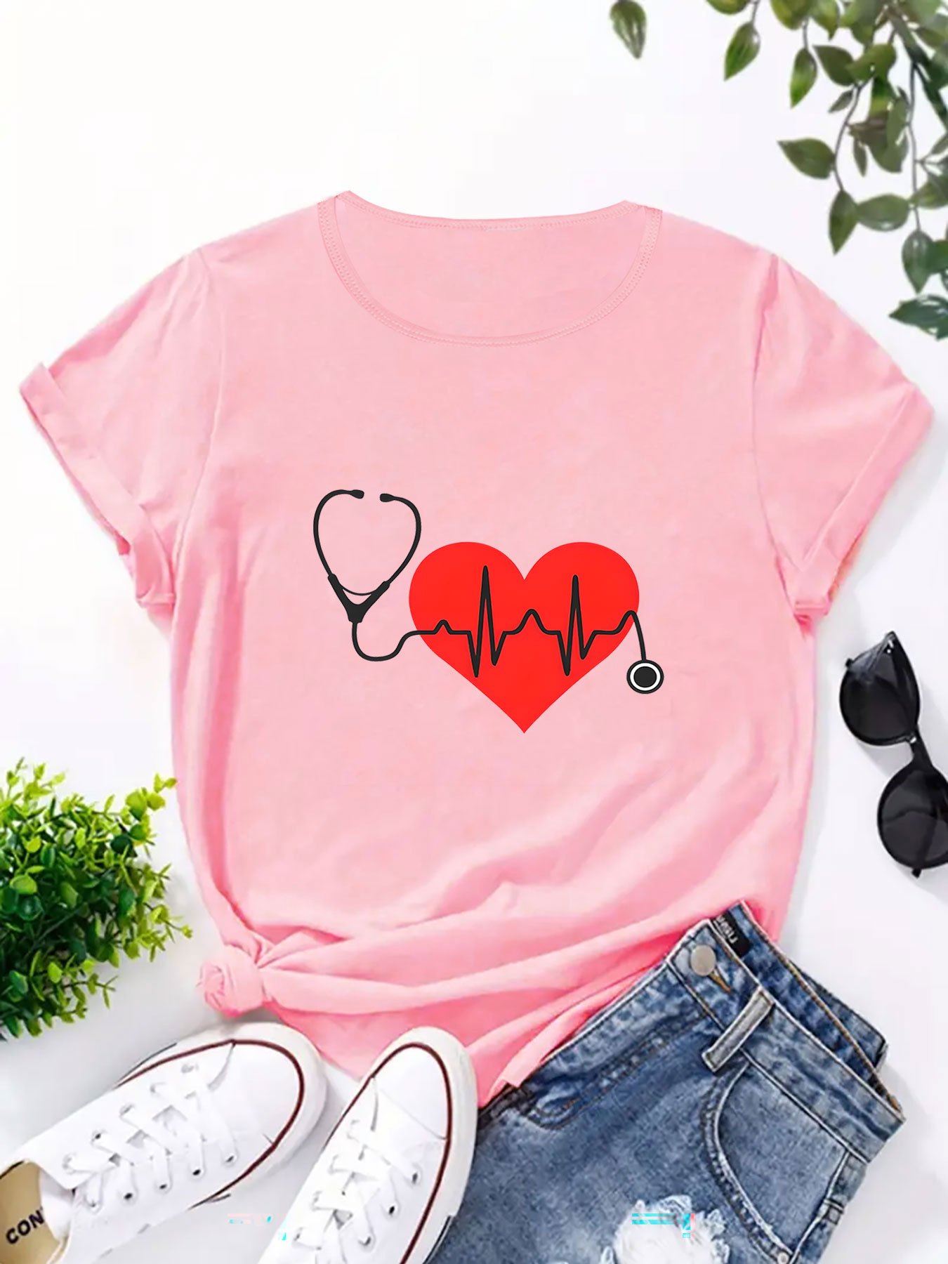 Women s Breathable Polyester T-Shirt with Stethoscope &   - Casual Crew Neck, Short Sleeve, Machine Washable - Perfect Gift for Her details 1