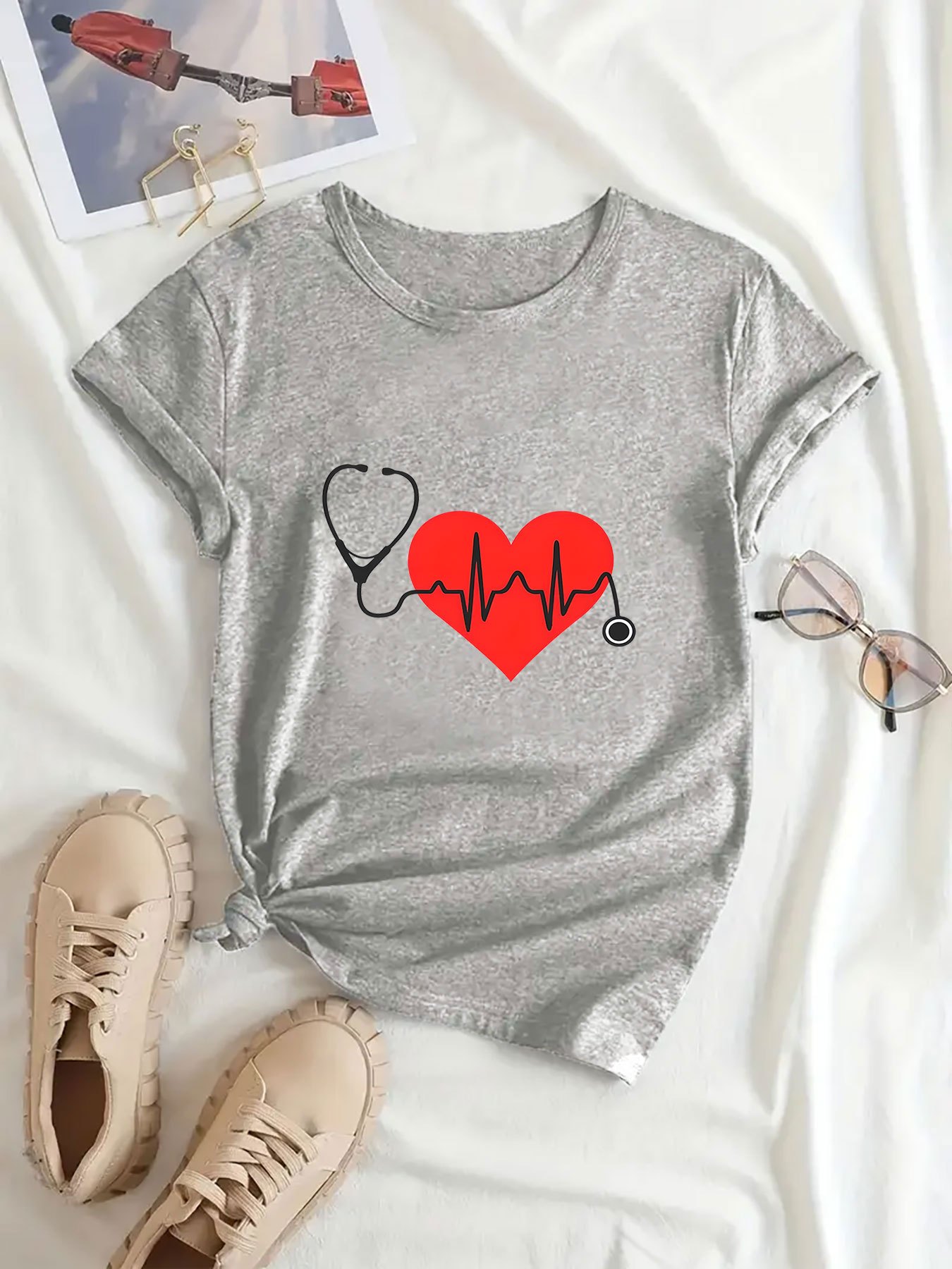 Women s Breathable Polyester T-Shirt with Stethoscope &   - Casual Crew Neck, Short Sleeve, Machine Washable - Perfect Gift for Her details 2