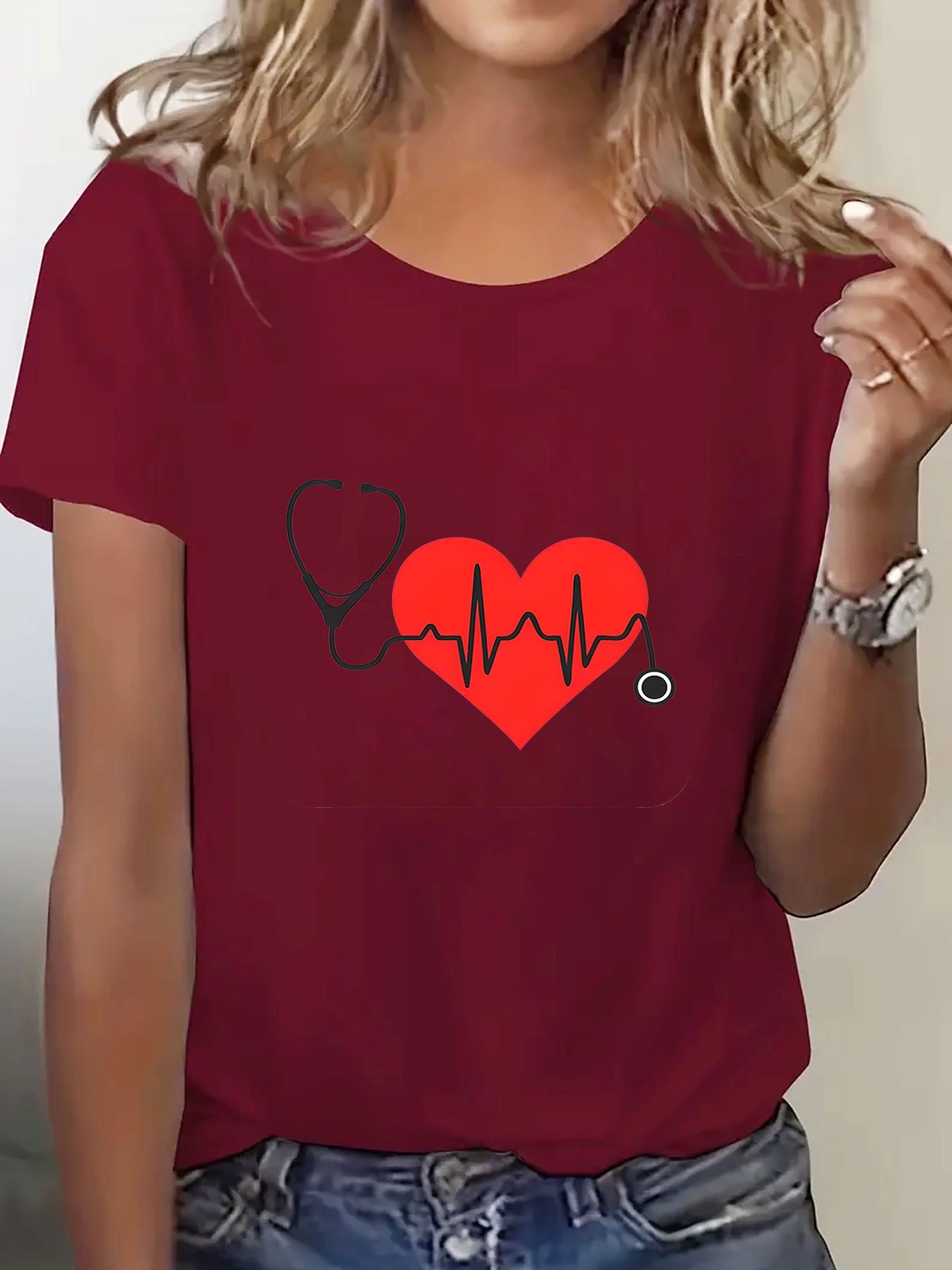 Women s Breathable Polyester T-Shirt with Stethoscope &   - Casual Crew Neck, Short Sleeve, Machine Washable - Perfect Gift for Her details 4