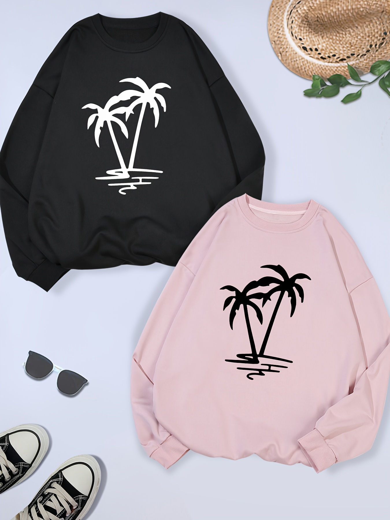 2 packs plus size coconut tree print sweatshirt casual long sleeve crew neck pullover sweatshirt womens plus size clothing details 0