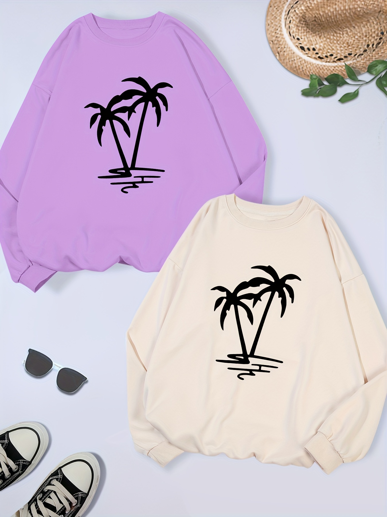 2 packs plus size coconut tree print sweatshirt casual long sleeve crew neck pullover sweatshirt womens plus size clothing details 17