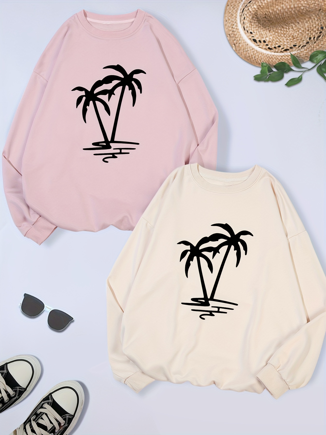 2 packs plus size coconut tree print sweatshirt casual long sleeve crew neck pullover sweatshirt womens plus size clothing details 40