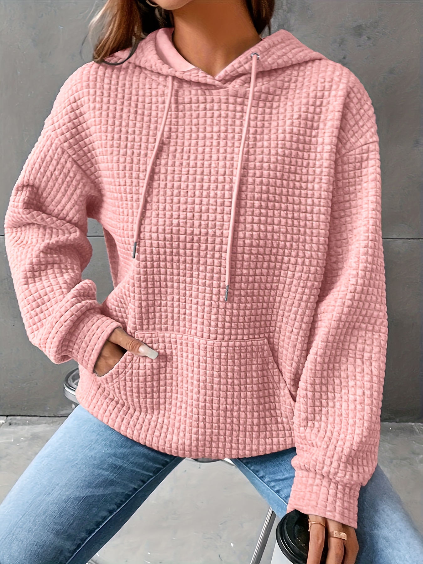 plus size solid color waffle hoodie casual kangaroo pocket drawstring long sleeve hooded sweatshirt womens plus size clothing details 9