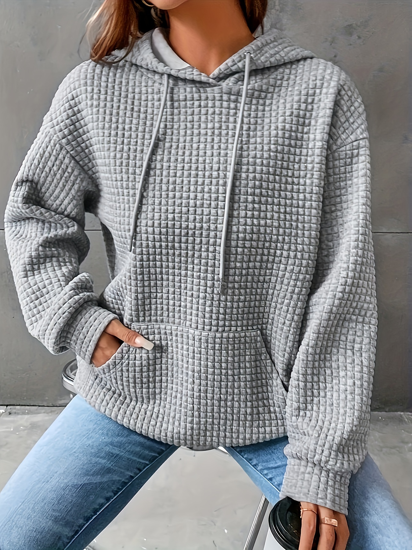 plus size solid color waffle hoodie casual kangaroo pocket drawstring long sleeve hooded sweatshirt womens plus size clothing details 15