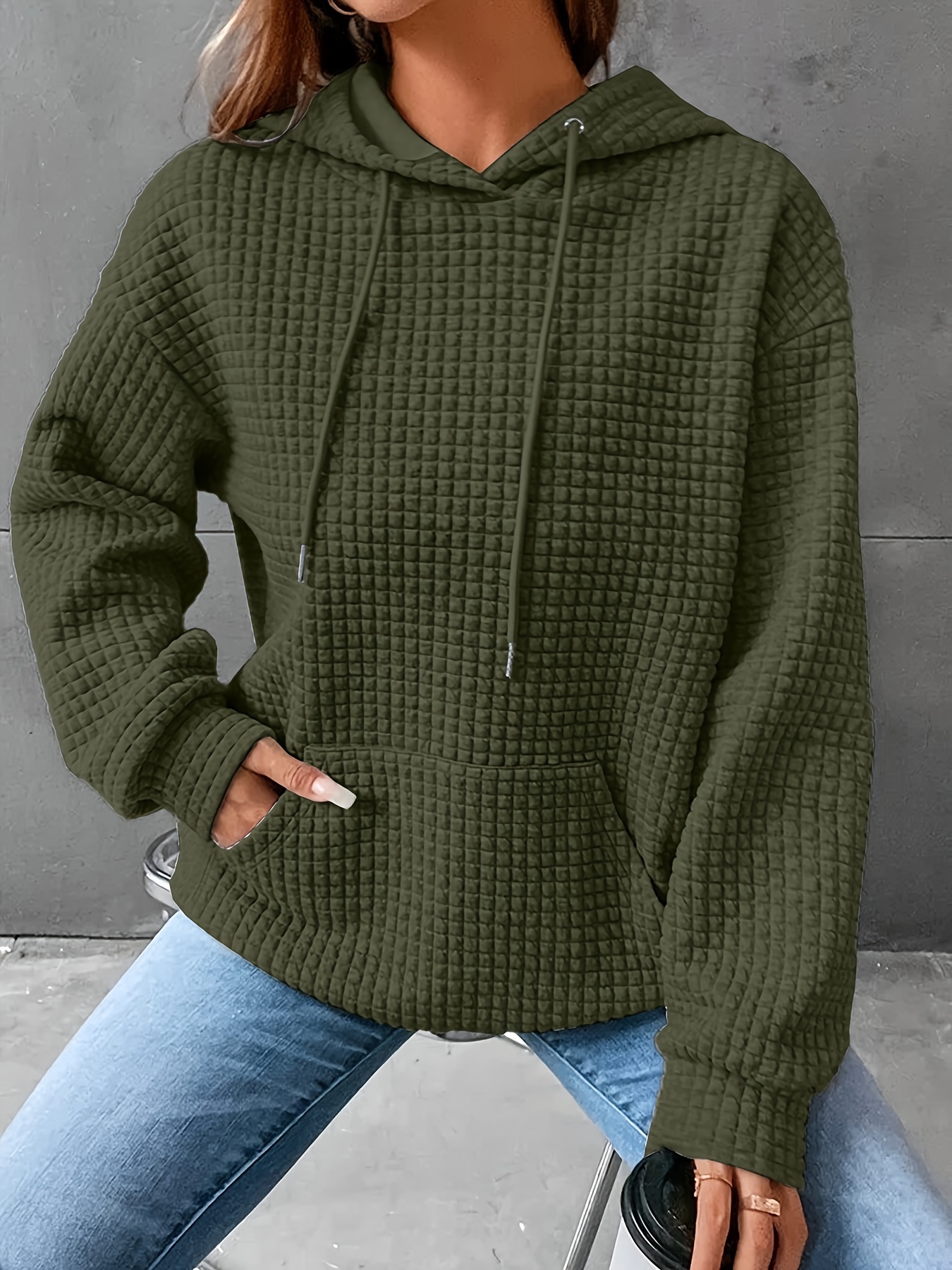 plus size solid color waffle hoodie casual kangaroo pocket drawstring long sleeve hooded sweatshirt womens plus size clothing details 22