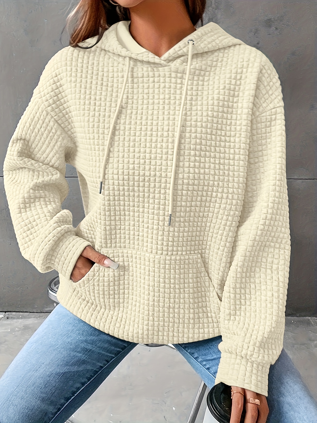 plus size solid color waffle hoodie casual kangaroo pocket drawstring long sleeve hooded sweatshirt womens plus size clothing details 30